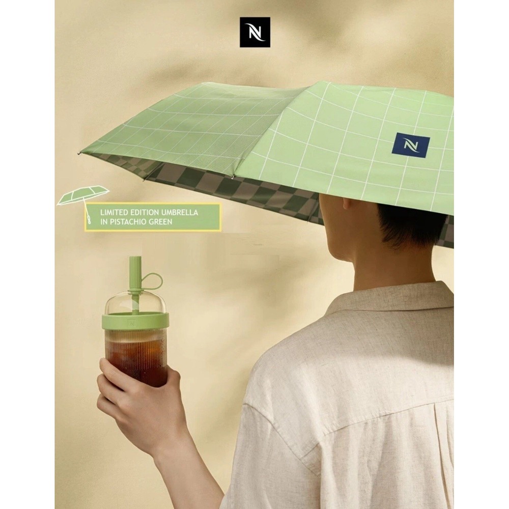 Nespresso Compact / Folding Umbrella - Pistachio Green Pink Summer Traveling HTF - Picture 4 of 4